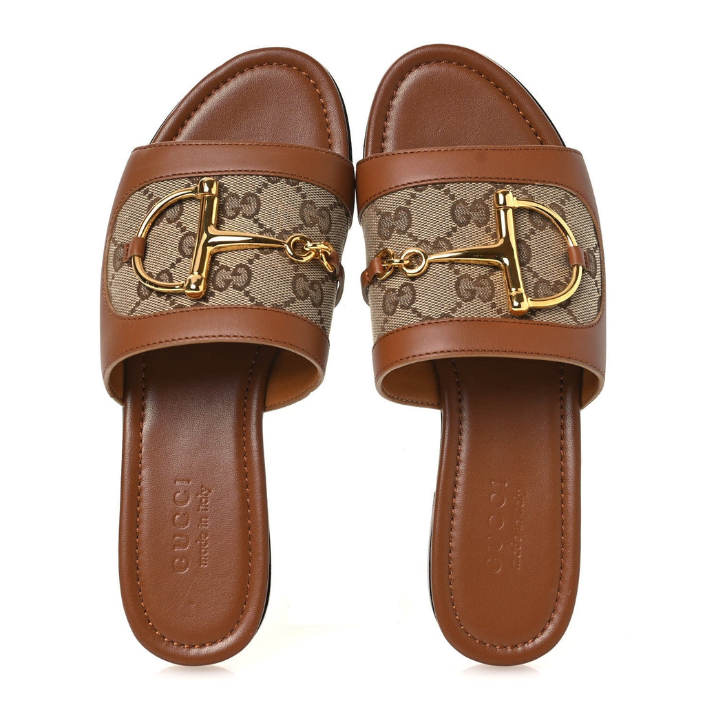 GUCCI HORSEBIT SLIDE SANDALS BEIGE & EBONY GG