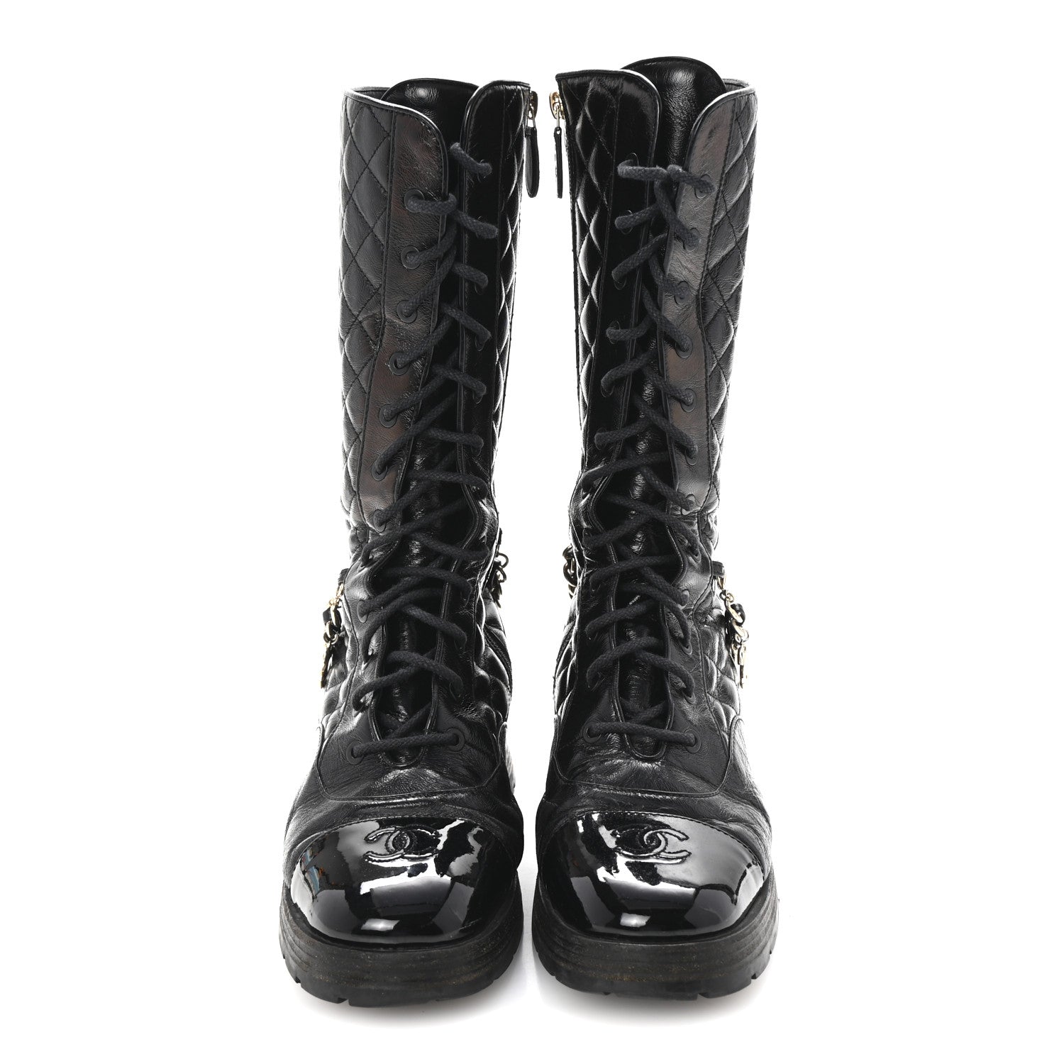 SHINY CALFSKIN PATENT QUILTED CHAIN LACE UP COMBAT LONG BOOTS BLACK