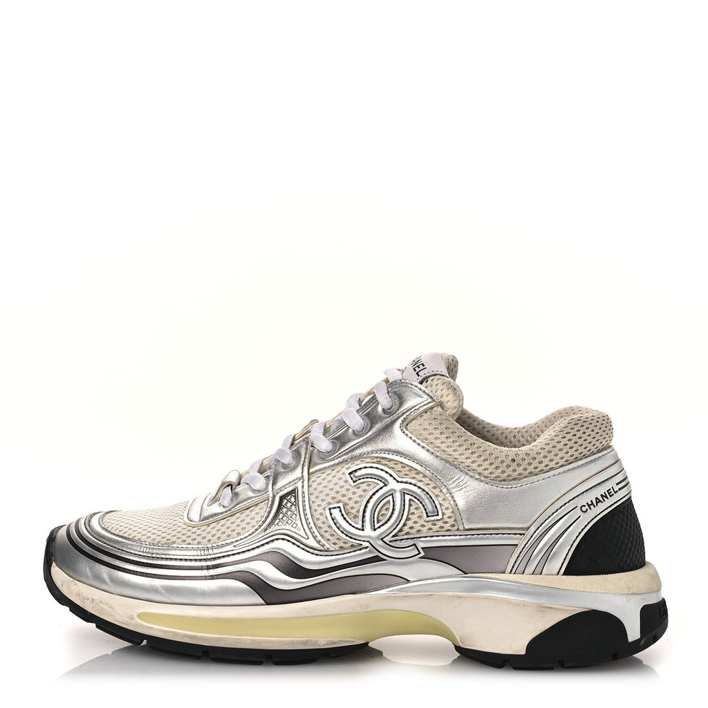 FABRIC LAMINATED CALFSKIN STRETCH CC SNEAKERS WHITE SILVER