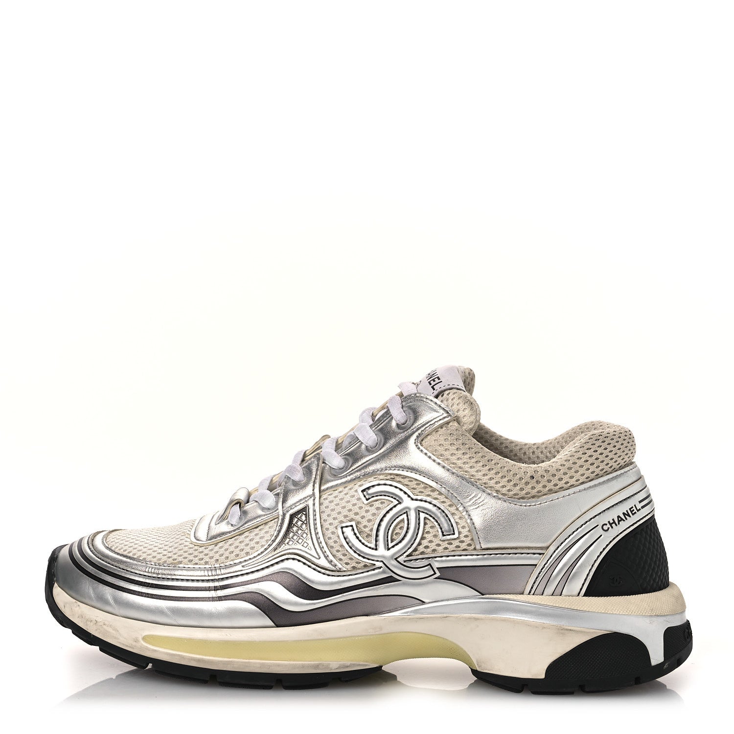 FABRIC LAMINATED CALFSKIN STRETCH CC SNEAKERS WHITE SILVER