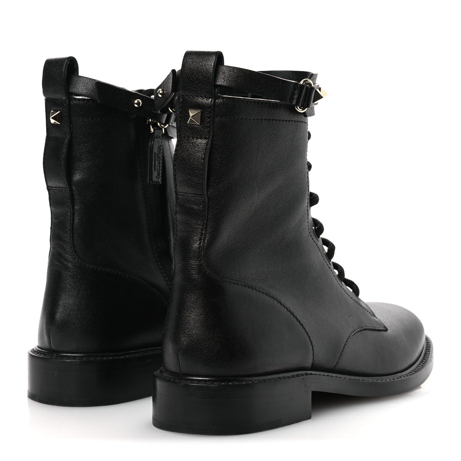 CALFSKIN ROCKSTUD COMBAT ANKLE BOOTS BLACK