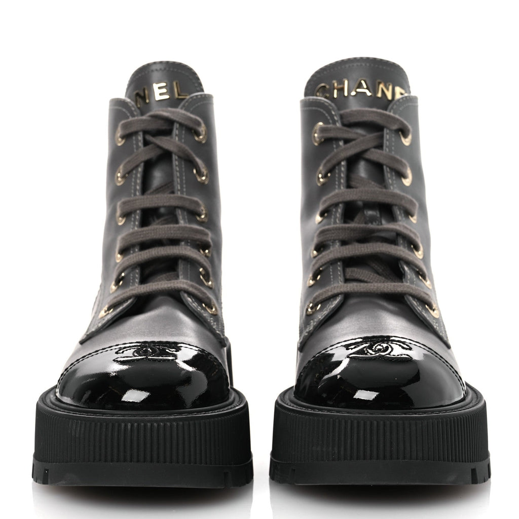 CALFSKIN PATENT CALFSKIN CC LACE UP COMBAT BOOTS GRAY BLACK