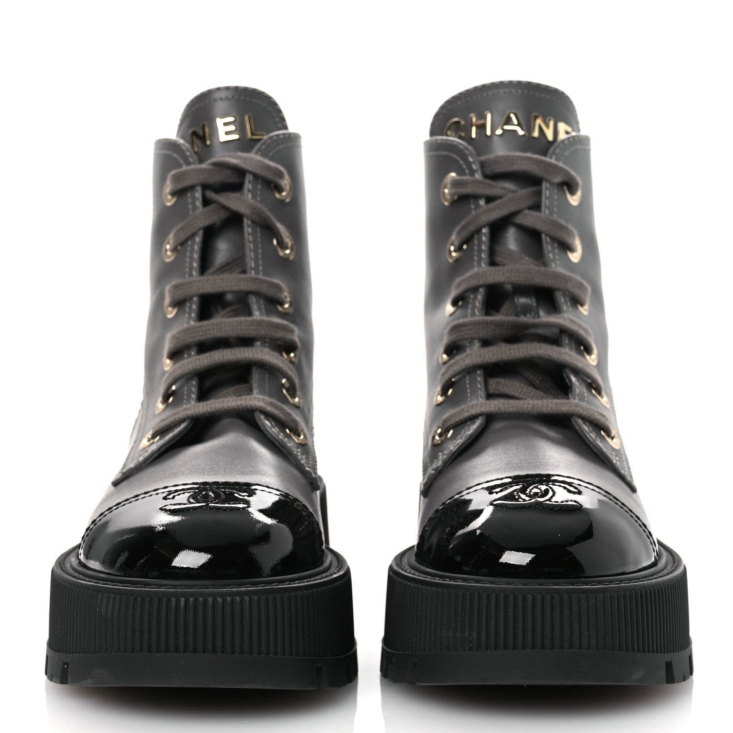 CALFSKIN PATENT CALFSKIN CC LACE UP COMBAT BOOTS GRAY BLACK
