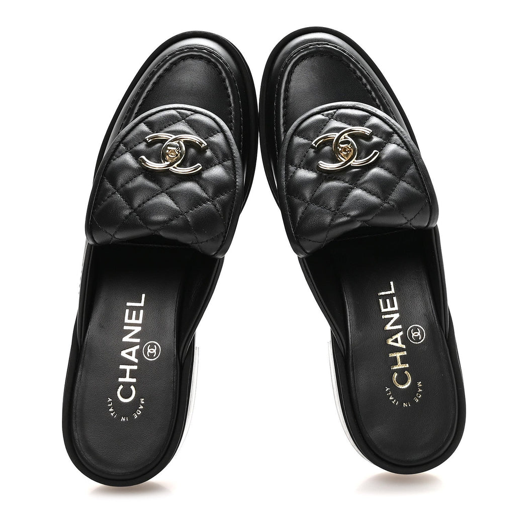 LAMBSKIN QUILTED CC TURNLOCK MULES BLACK