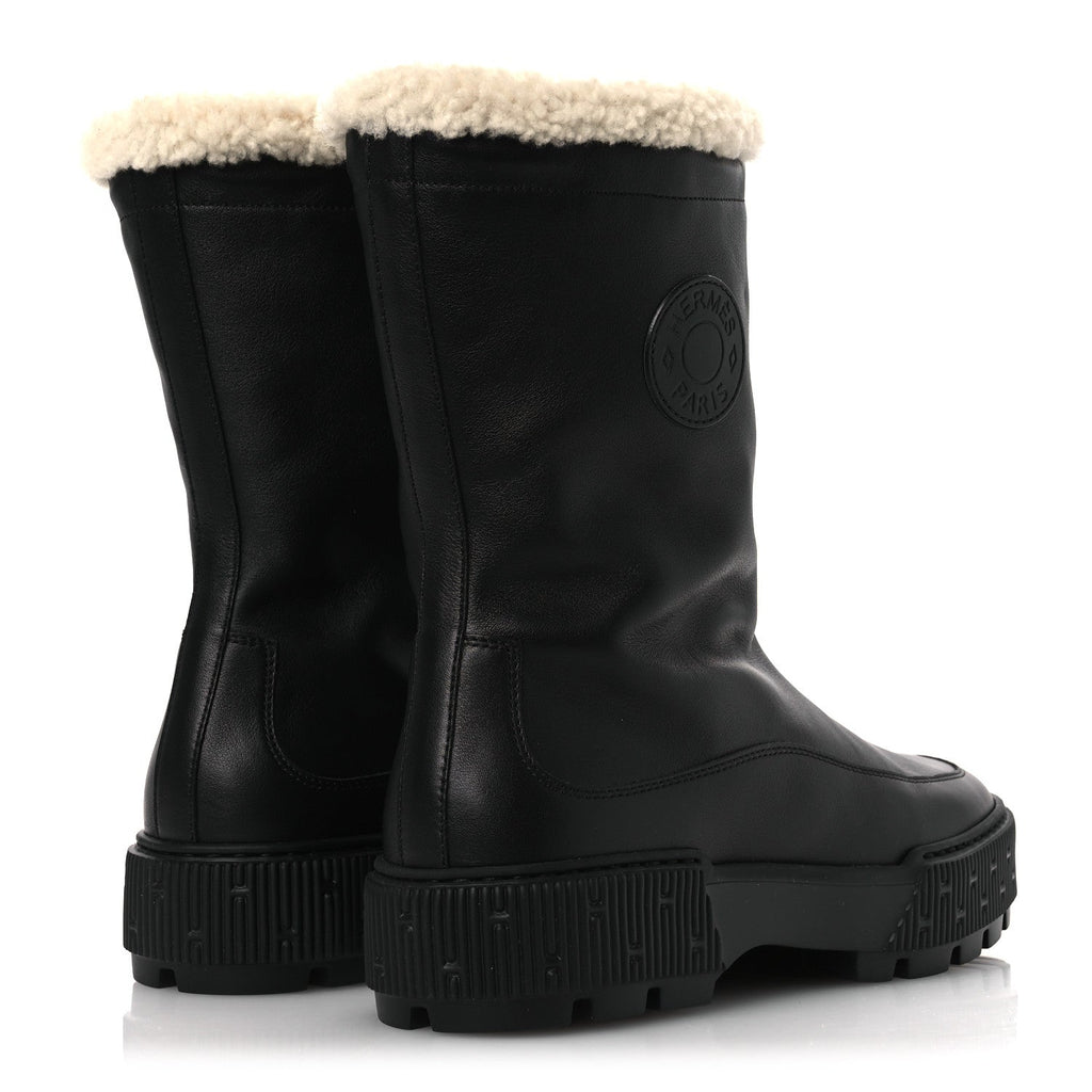 CALFSKIN SHEARLING WOMENS JOURNEY ANKLE BOOTS BLACK ECRU