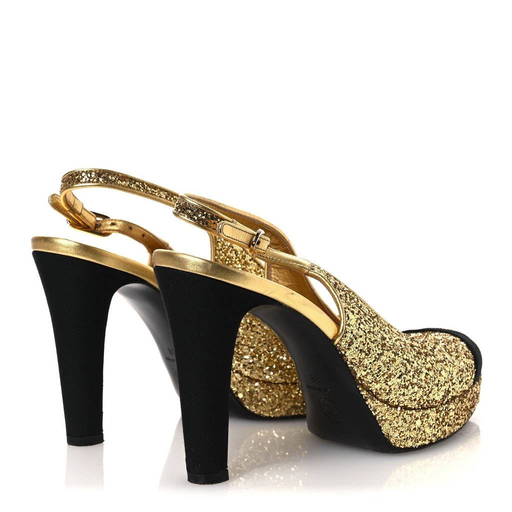 GLITTER GROSGRAIN CAP TOE CC SLINGBACK PUMPS GOLD BLACK