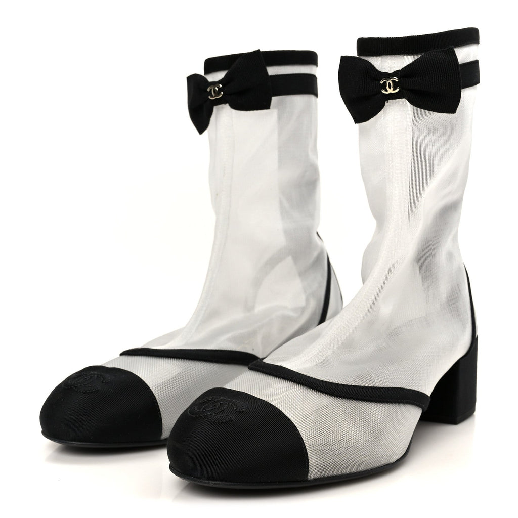 MESH GROSGRAIN CC CAP TOE ANKLE BOOTS WHITE BLACK