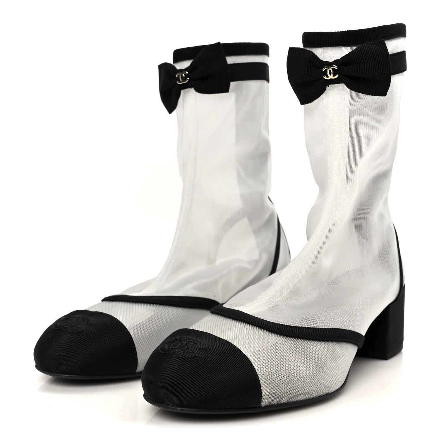 MESH GROSGRAIN CC CAP TOE ANKLE BOOTS WHITE BLACK