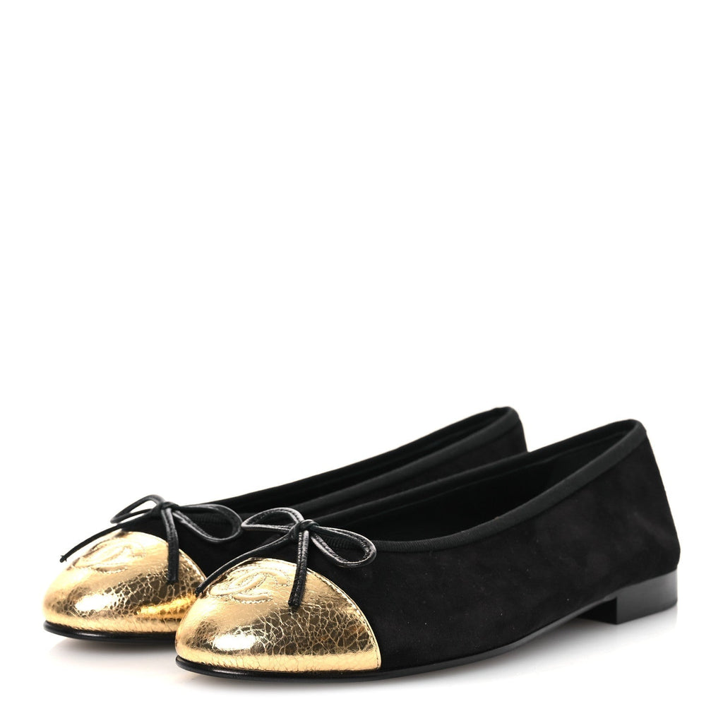 SUEDE CRACKLED LAMINATED CALFSKIN CAP TOE BALLERINA FLATS BLACK GOLD
