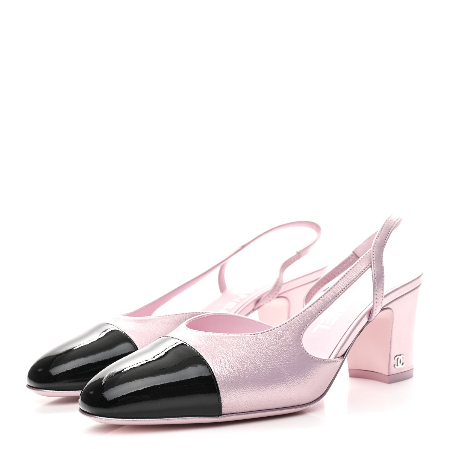 LAMINATED LAMBSKIN PATENT CAP TOE CC SLINGBACK PUMPS LIGHT PINK BLACK