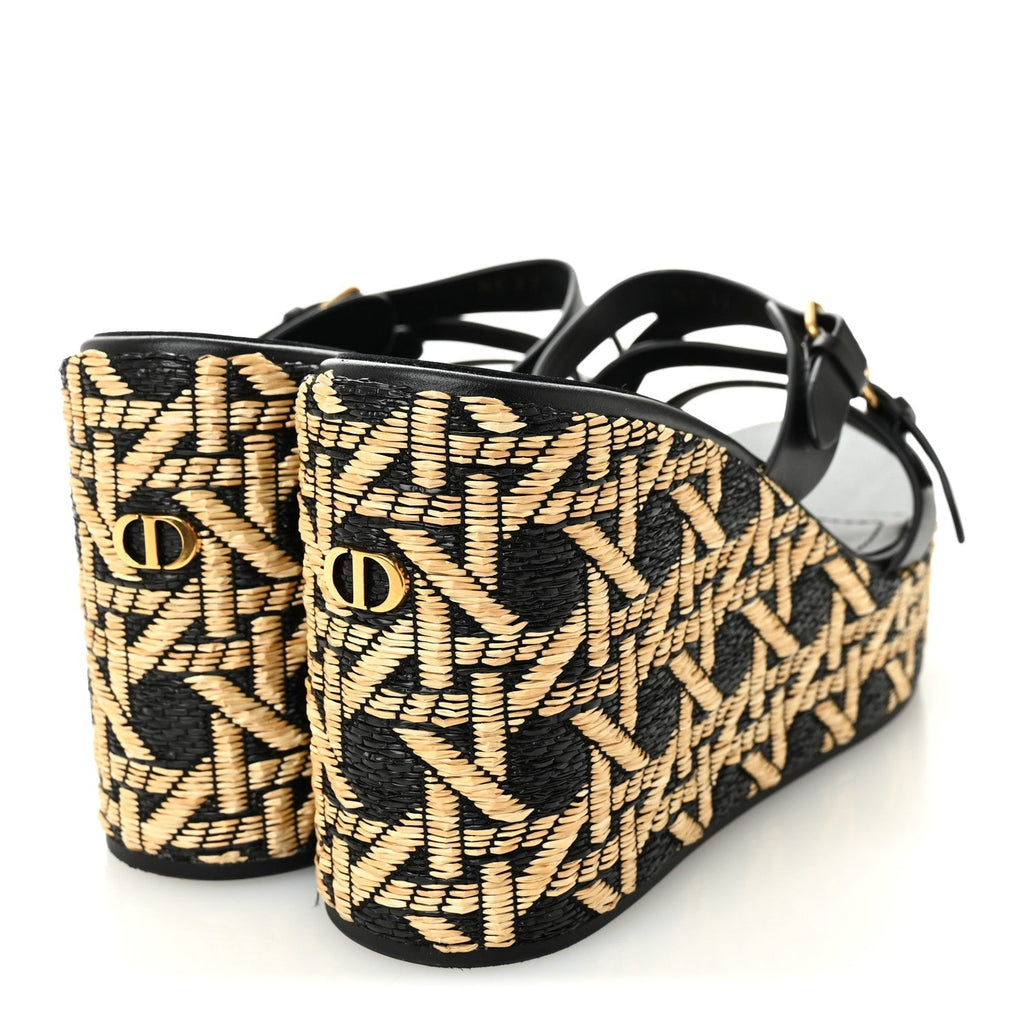 RAFFIA CALFSKIN L'AMAZONE WEDGE SANDALS BLACK NATURAL