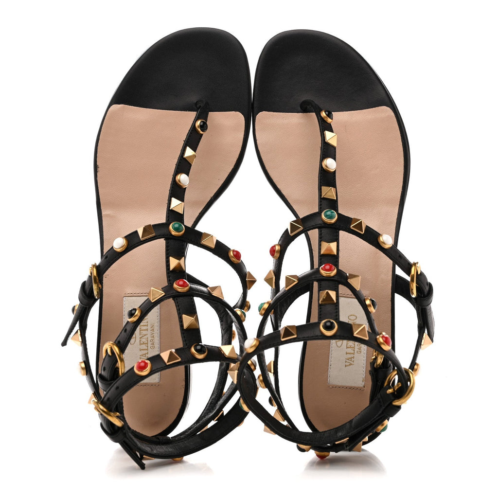 CALFSKIN ROCKSTUD ROLLING ANKLE WRAP FLAT THONG SANDALS BLACK