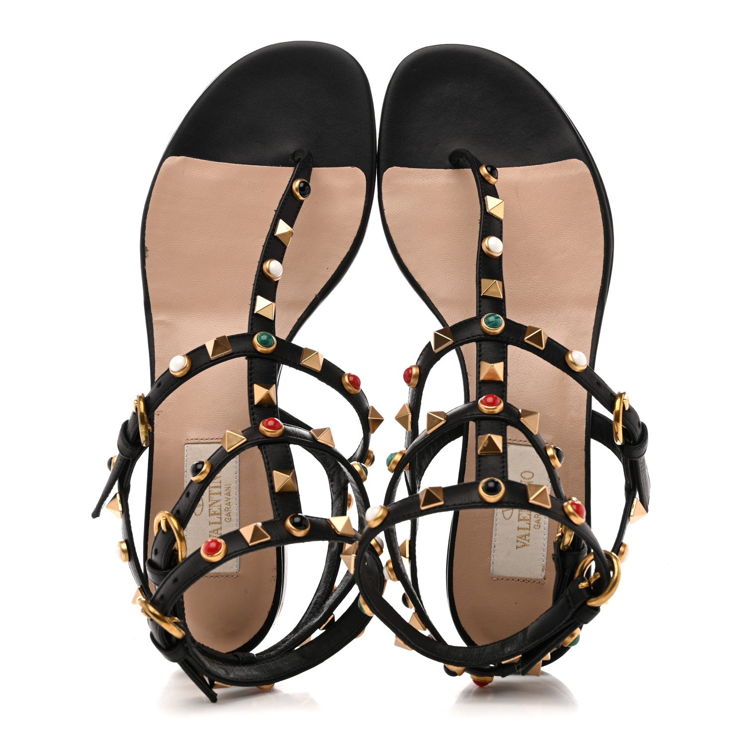 CALFSKIN ROCKSTUD ROLLING ANKLE WRAP FLAT THONG SANDALS BLACK