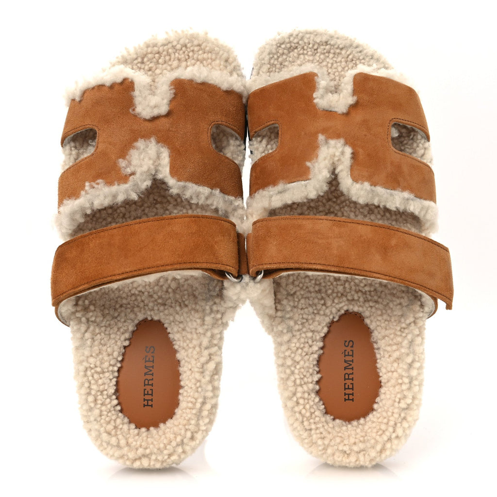 SUEDE GOATSKIN WOOLSKIN WOMENS CHYPRE SANDALS BRUN FUME ECRU