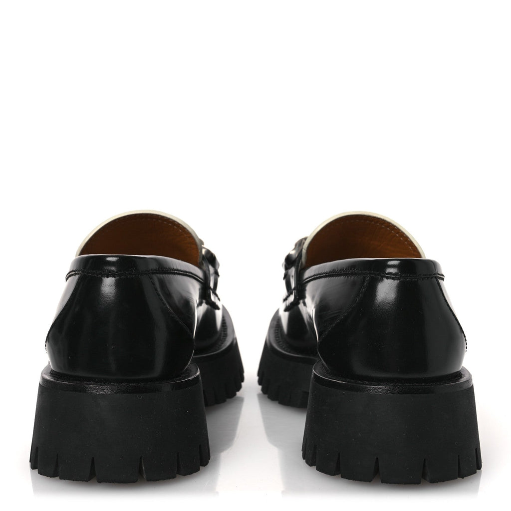 CORDOVAN LUX WOMENS INTERLOCKING G PLATFORM LUG SOLE LOAFERS BLACK OFF WHITE