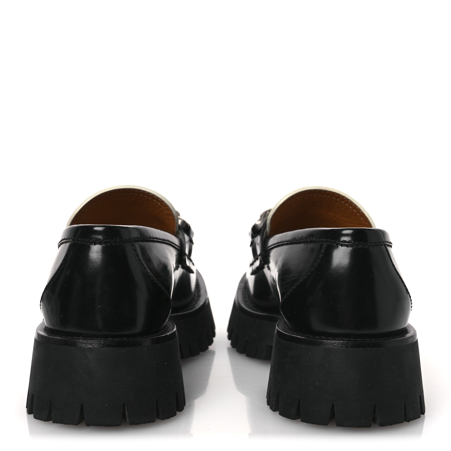CORDOVAN LUX WOMENS INTERLOCKING G PLATFORM LUG SOLE LOAFERS BLACK OFF WHITE