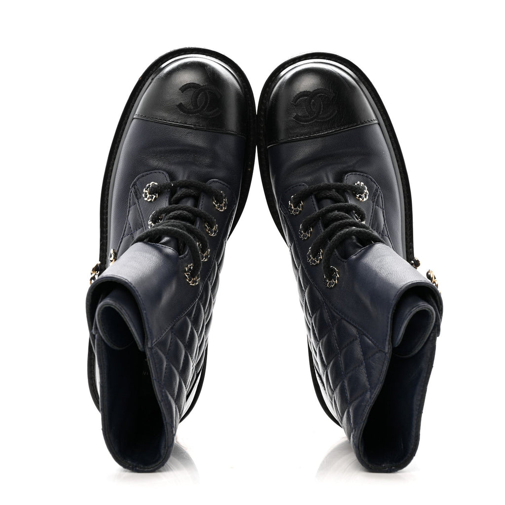 SHINY LAMBSKIN QUILTED LACE UP COMBAT BOOTS NAVY BLACK