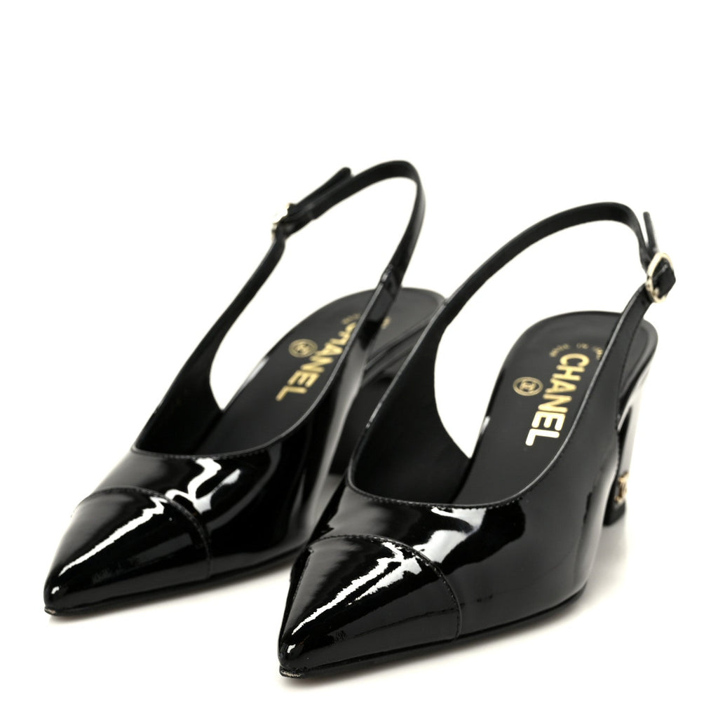 PATENT CALFSKIN CAP TOE CC SLINGBACK PUMPS BLACK