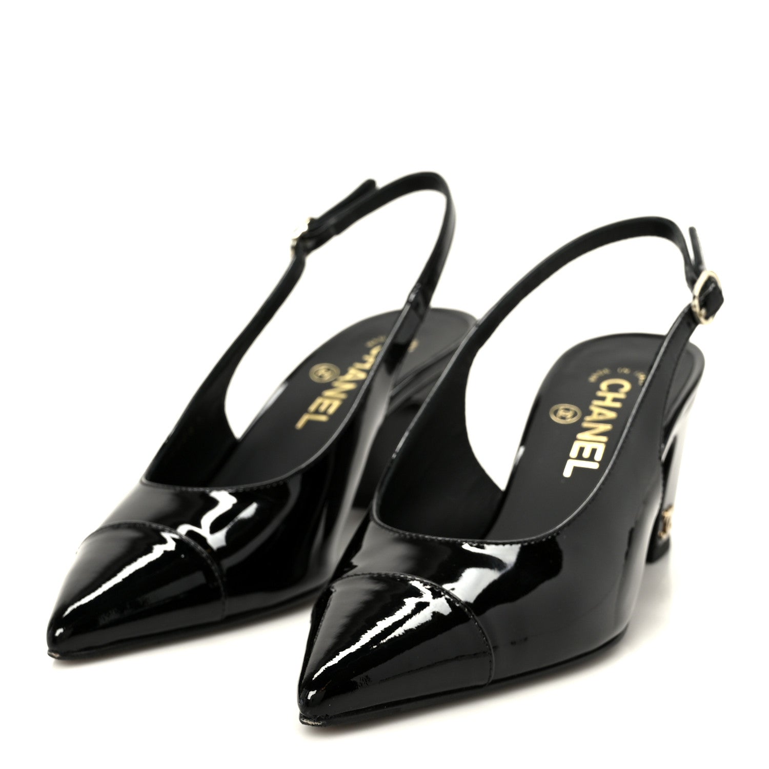 PATENT CALFSKIN CAP TOE CC SLINGBACK PUMPS BLACK