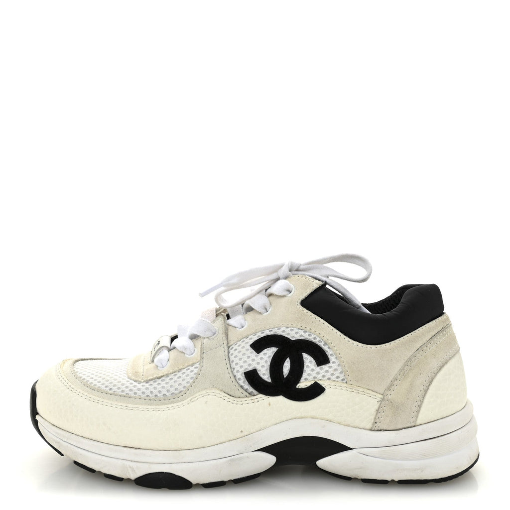 MESH SUEDE GRAINED CALFSKIN WOMENS CC SNEAKERS WHITE BLACK