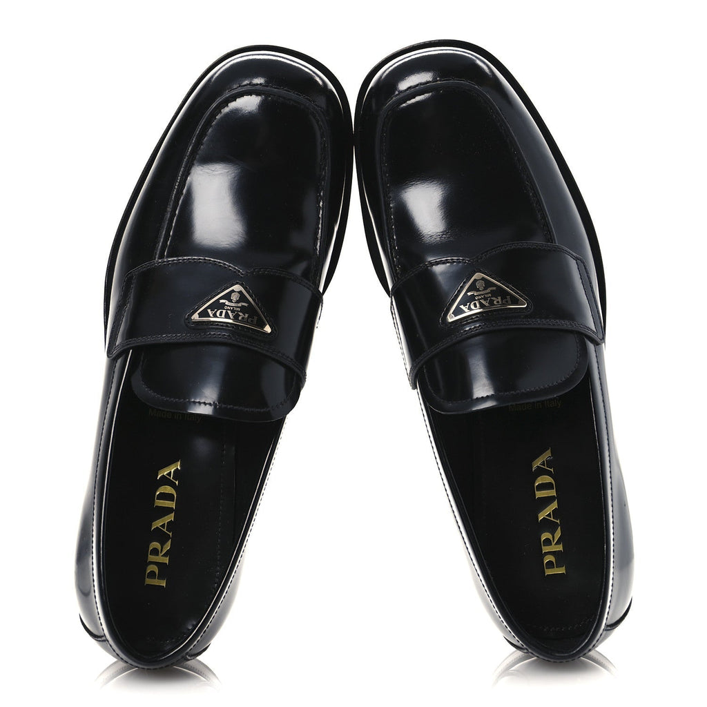 SPAZZOLATO FUME METAL TRIANGLE LOGO MENS LOAFERS BLACK