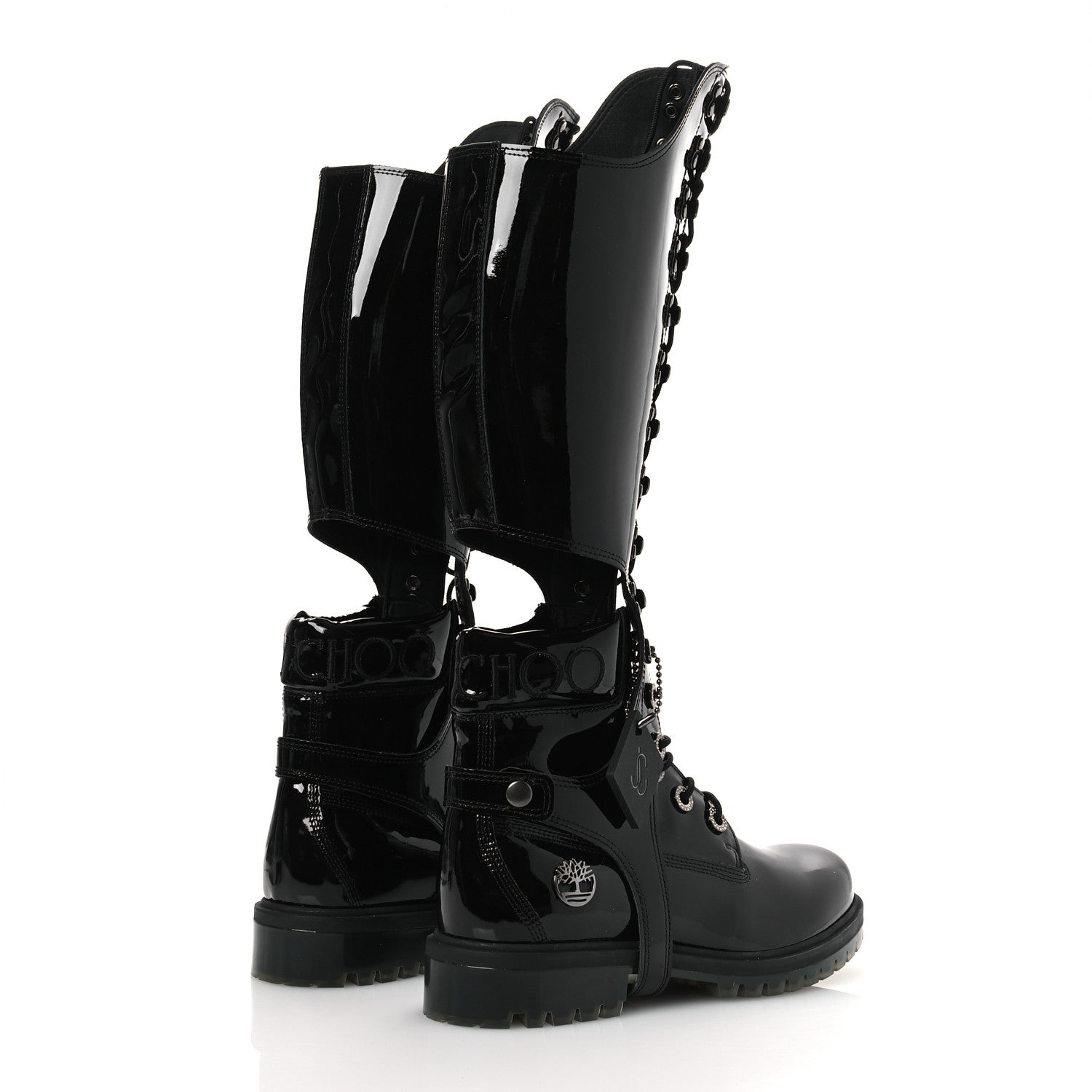 X TIMBERLAND PATENT CRYSTAL WOMENS VIBRAM KNEE HIGH BOOTS BLACK