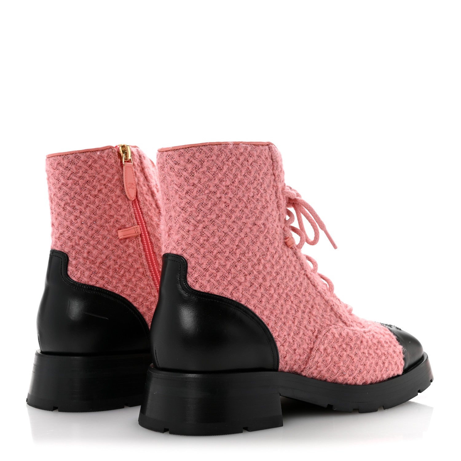 WOOL TWEED CALFSKIN CHAIN LACE UP COMBAT BOOTS PINK BLACK