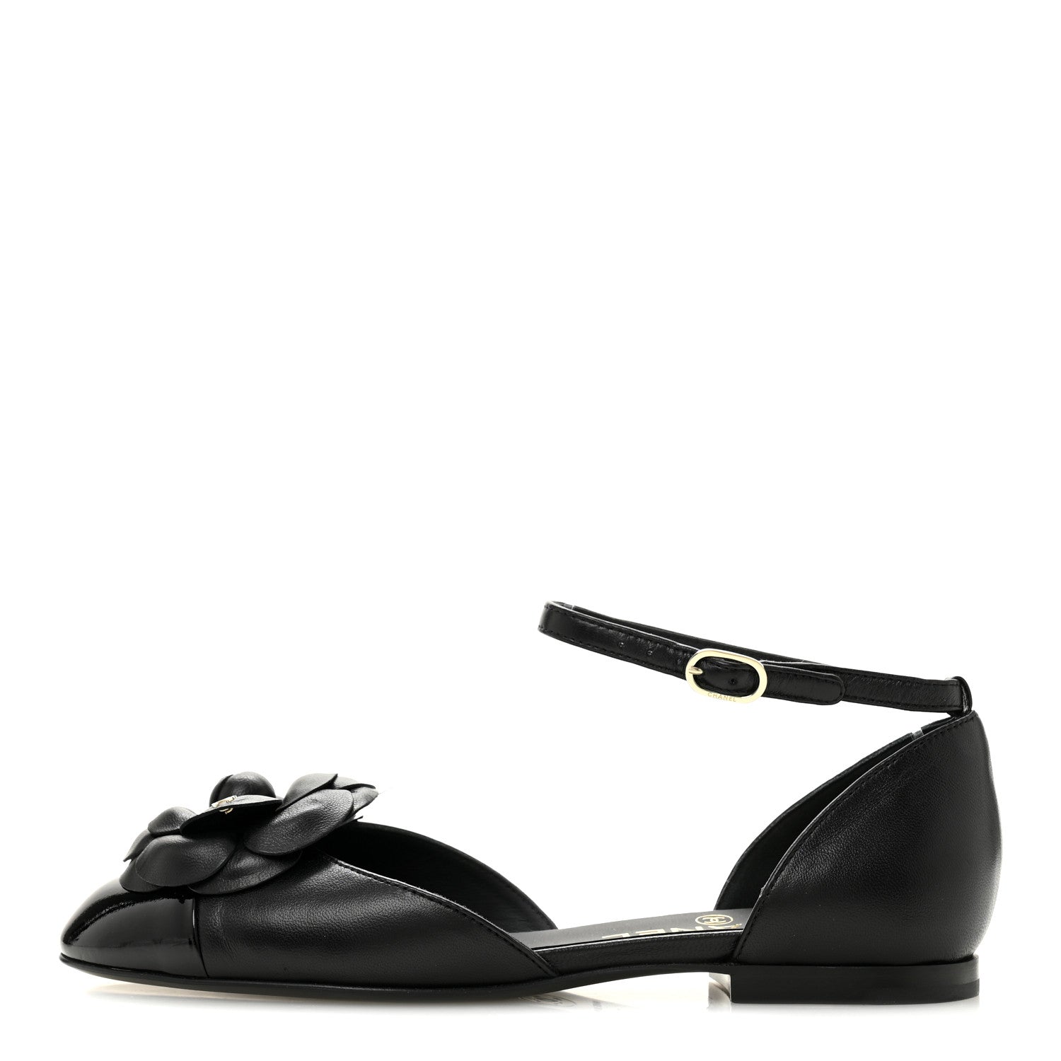LAMBSKIN PATENT CALFSKIN CAP TOE CAMELLIA MARY JANE FLATS BLACK