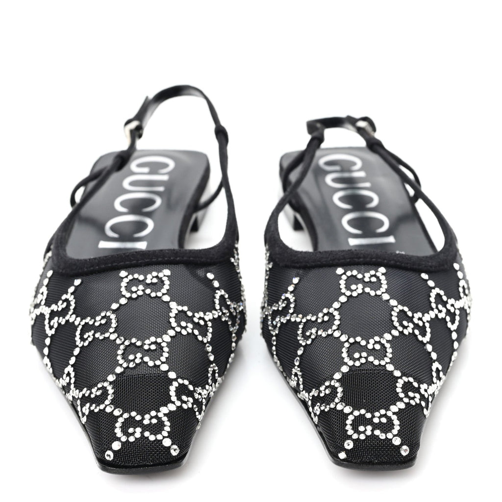 SUEDE MESH CRYSTAL GG MONOGRAM SLINGBACK BALLET FLATS BLACK