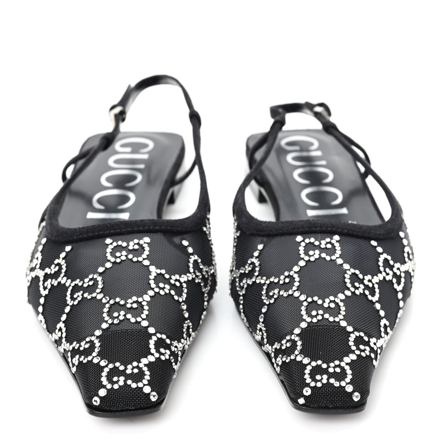 SUEDE MESH CRYSTAL GG MONOGRAM SLINGBACK BALLET FLATS BLACK