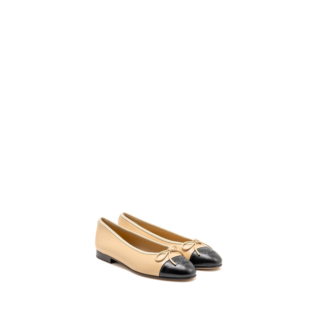 CHANEL BALLERINAS FLAT SHOES LAMBSKIN BEIGE/BLACK