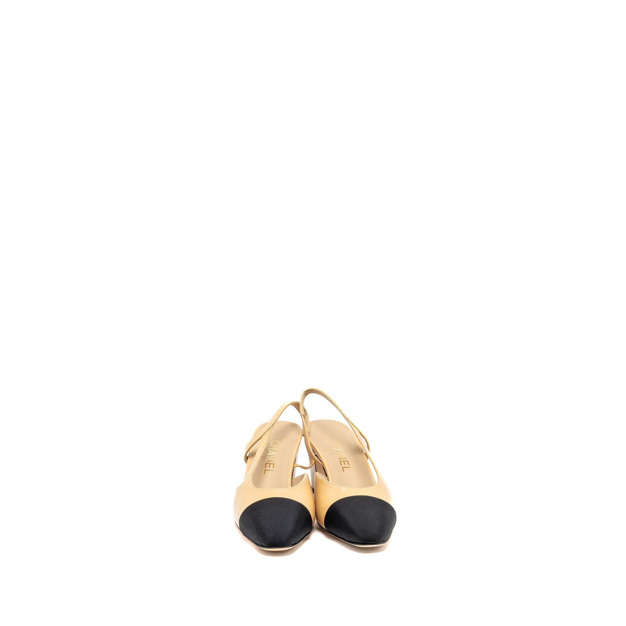 CHANEL SLINGBACKS SHOES GOATSKIN/GROSGRAIN BLACK/BEIGE