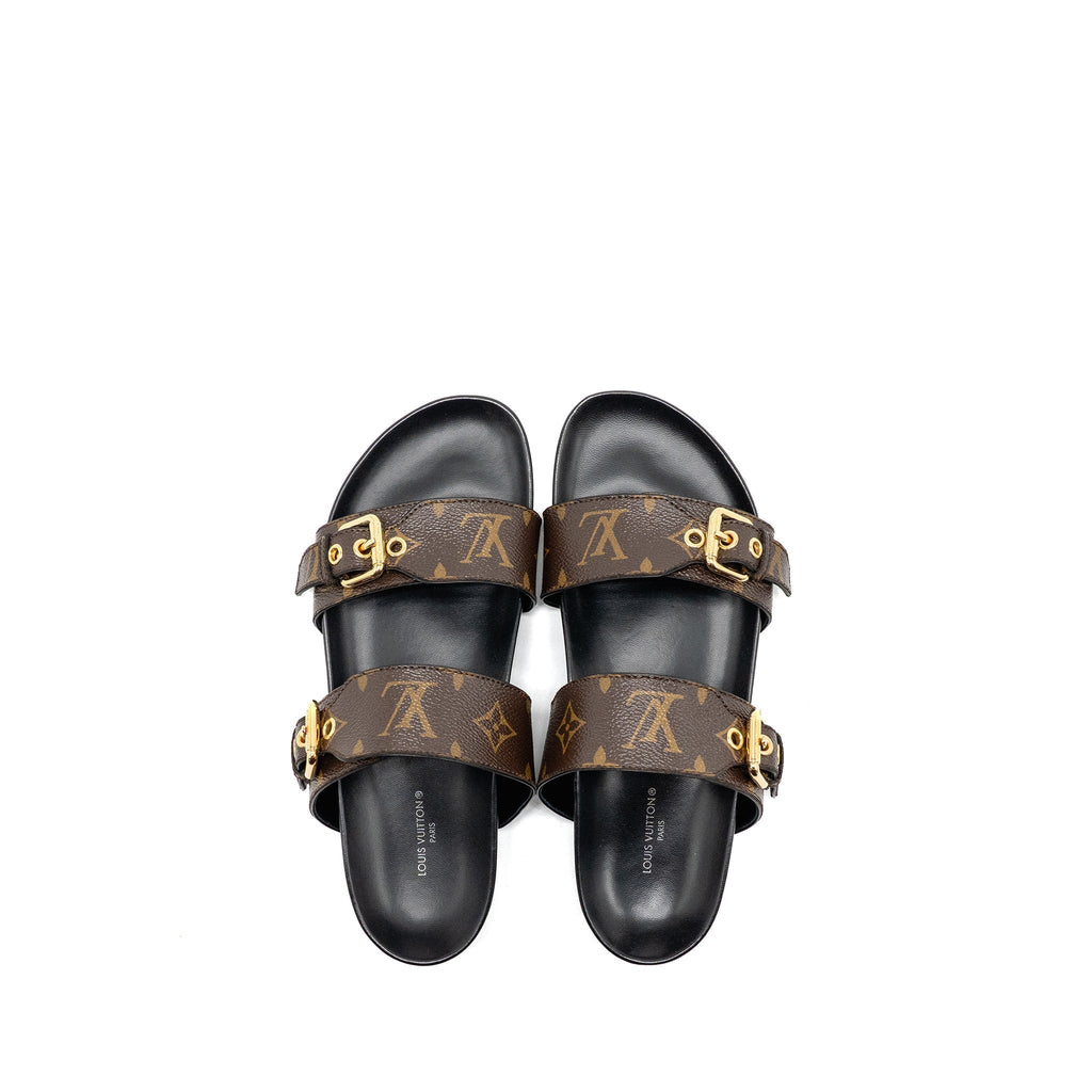 LOUIS VUITTON BOM DIA FLAT COMFORT MULE PATENT MONOGRAM CANVAS CACAO BROWN GHW