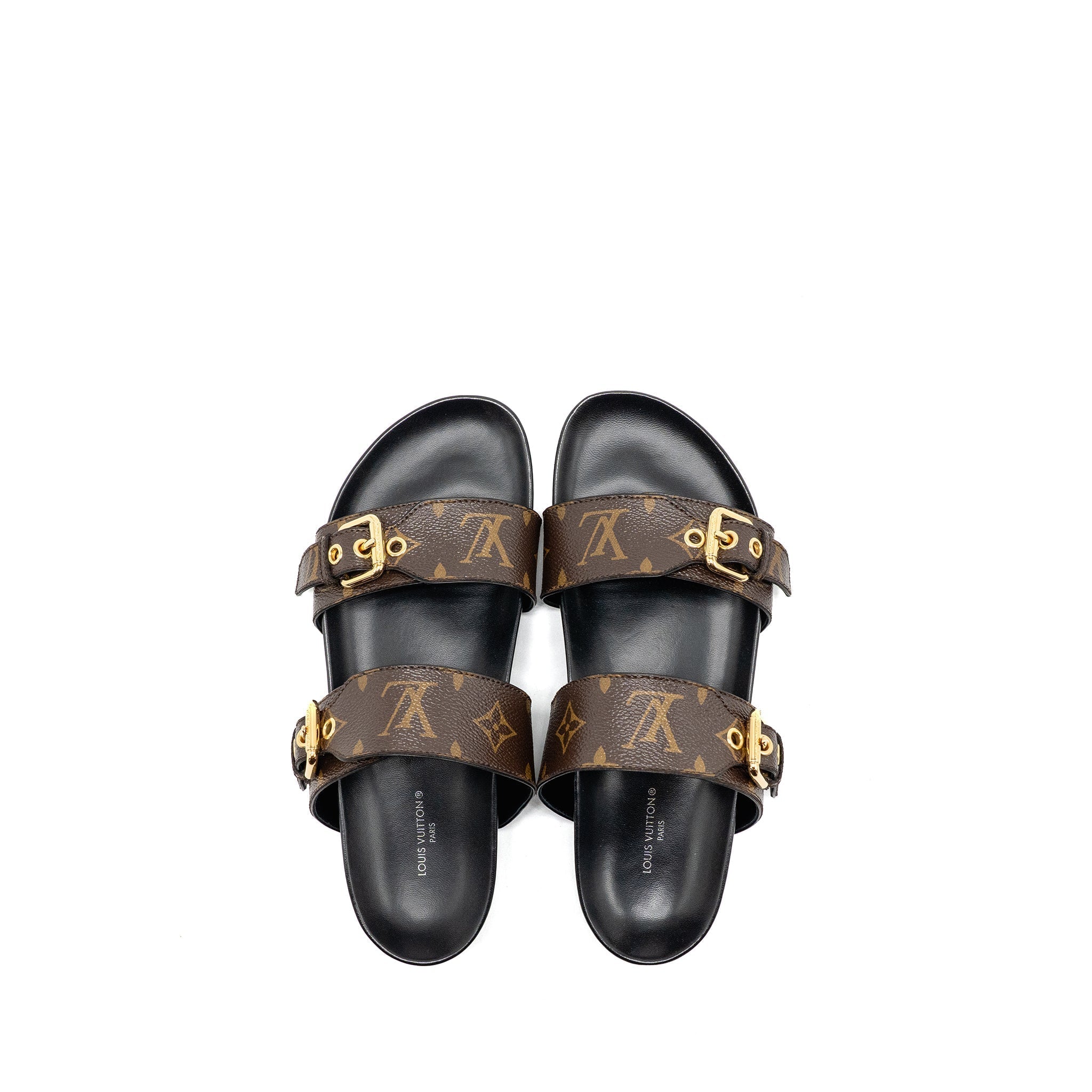 LOUIS VUITTON BOM DIA FLAT COMFORT MULE PATENT MONOGRAM CANVAS CACAO BROWN GHW