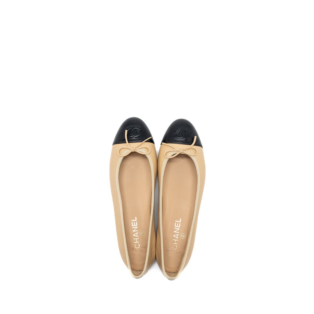 CHANEL BALLERINA FLAT SHOES LAMBSKIN BEIGE/BLACK