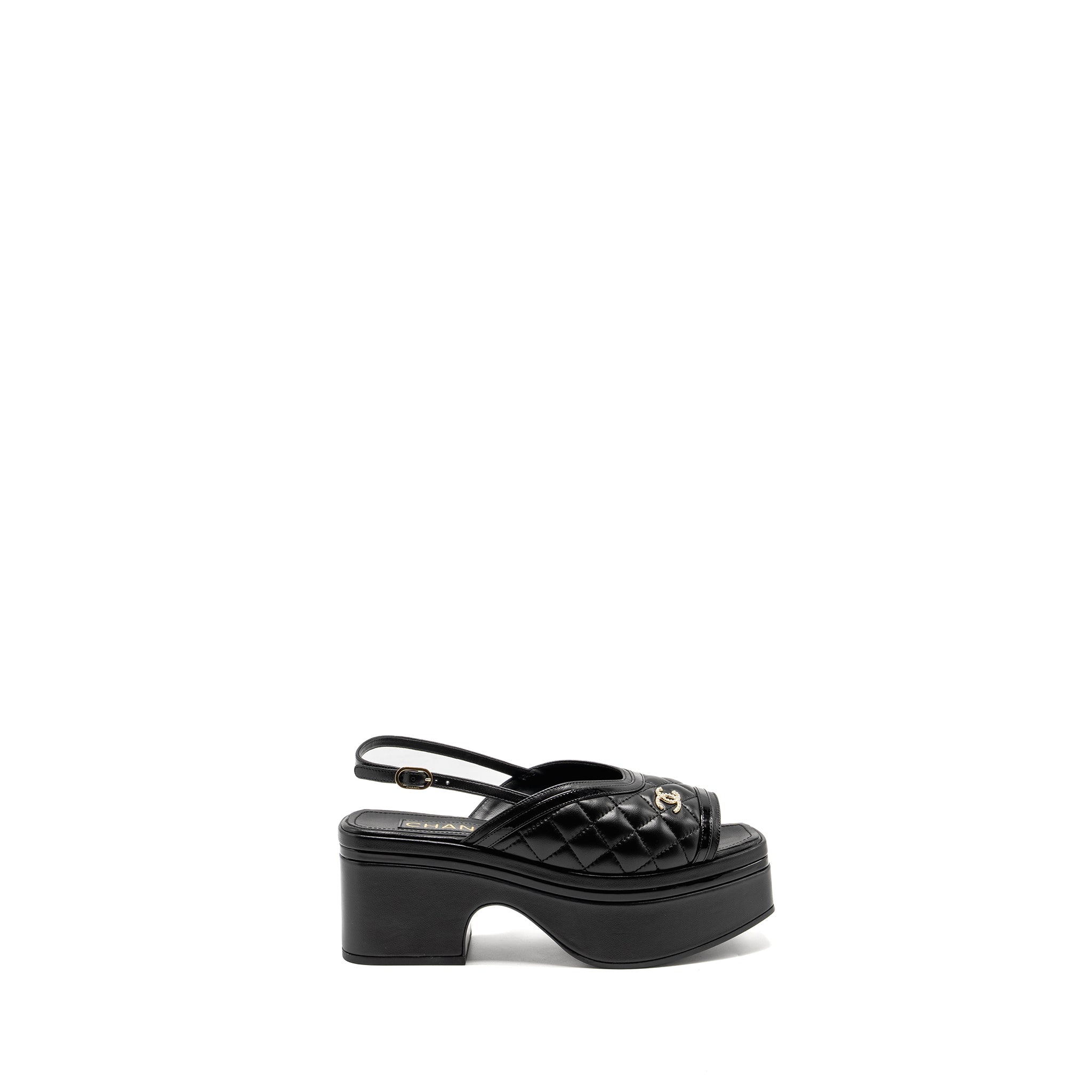 CHANEL 23A PLATFORM SANDALS/SLINGBACK QUILTED LAMBSKIN BLACK