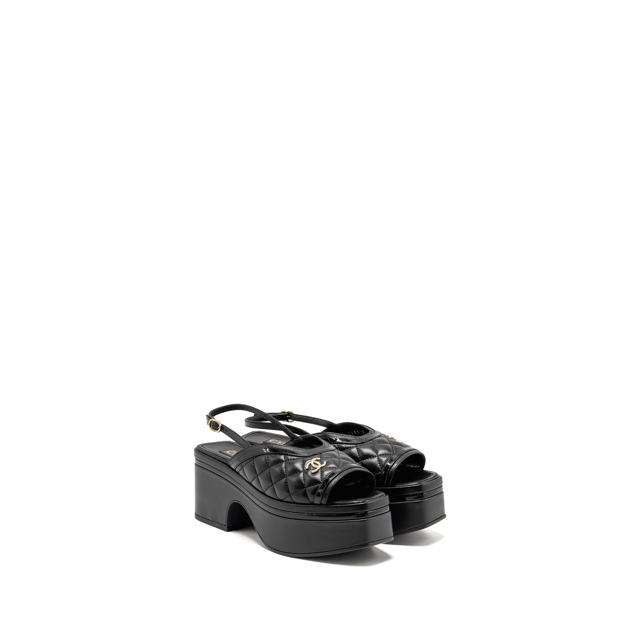 CHANEL 23A PLATFORM SANDALS/SLINGBACK QUILTED LAMBSKIN BLACK