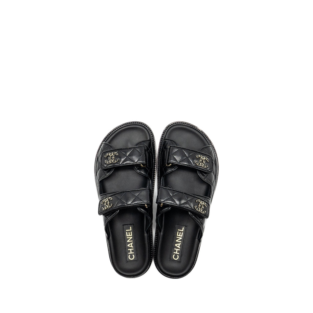 CHANEL CC LOGO DAD SANDALS LEATHER BLACK LIGHT GOLD TONE