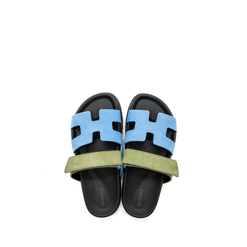 HERMES CHYPRE SANDALS CHÈVRE VELOURS BLEU CAMEO / VERT CELADON