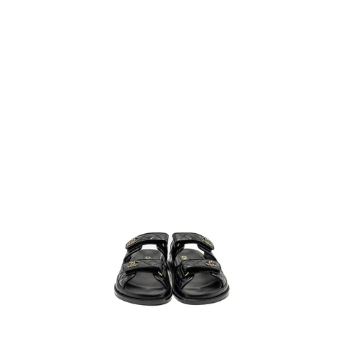 CHANEL CC LOGO DAD SANDALS LEATHER BLACK LIGHT GOLD TONE