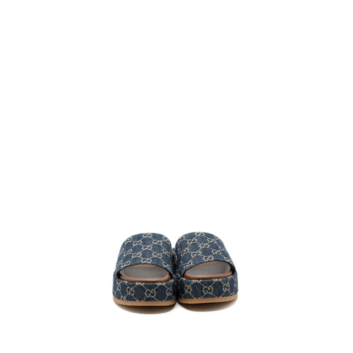 GUCCI PLATFORM SLIDE SANDALS GG SUPREME BLUE DENIM