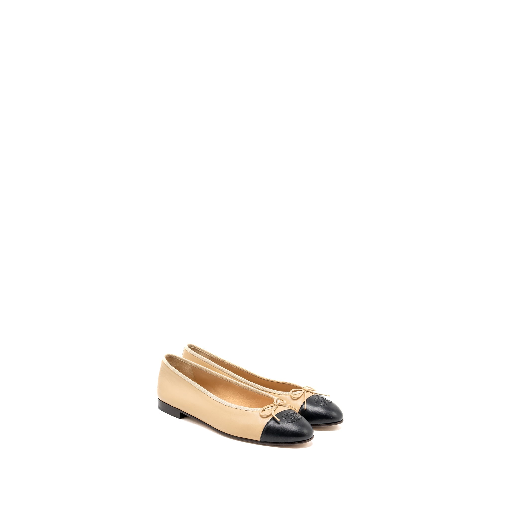 CHANEL BALLERINA FLAT SHOES LAMBSKIN BEIGE/BLACK