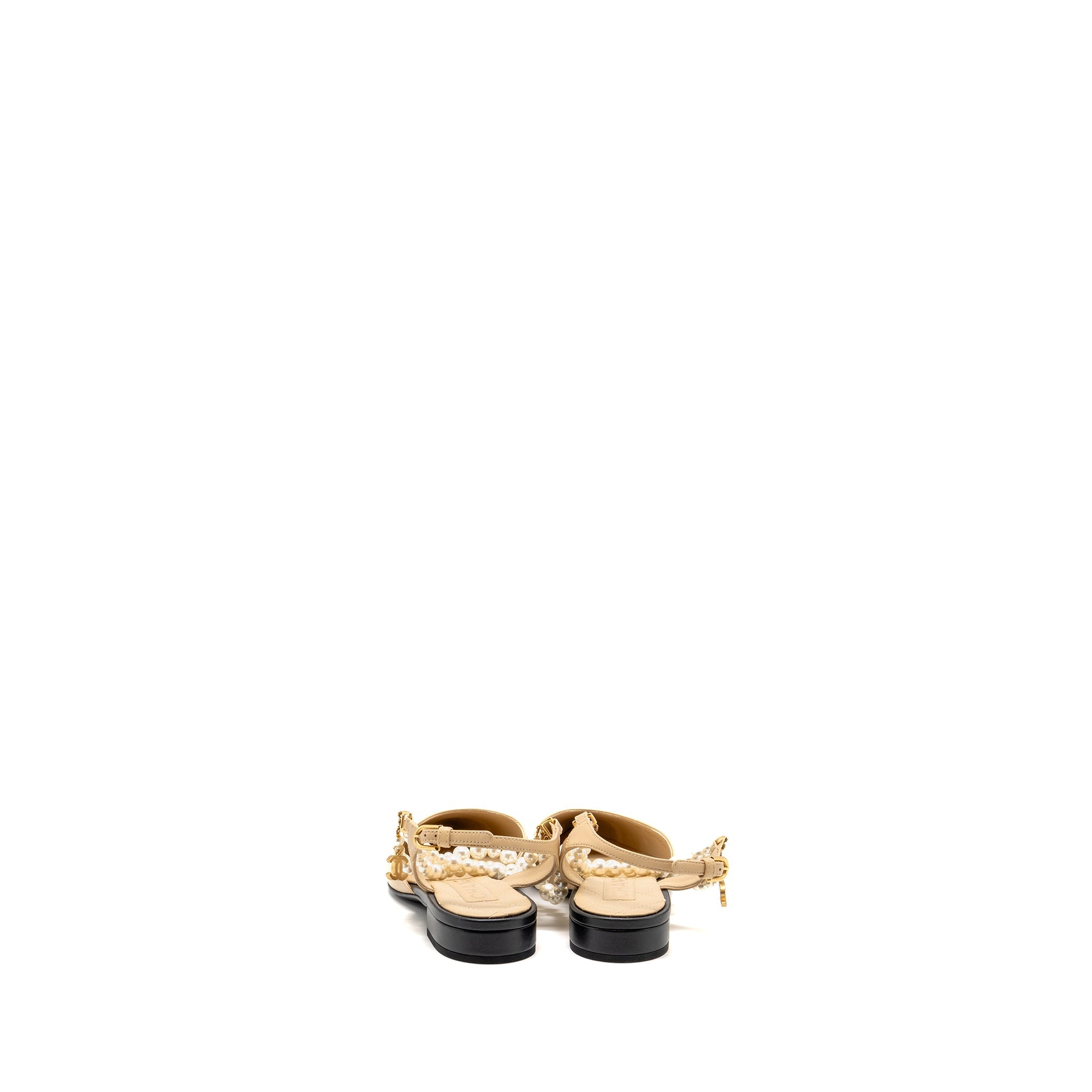 CHANEL SLINGBACK WITH PEARL STRAPS BEIGE/ BLACK
