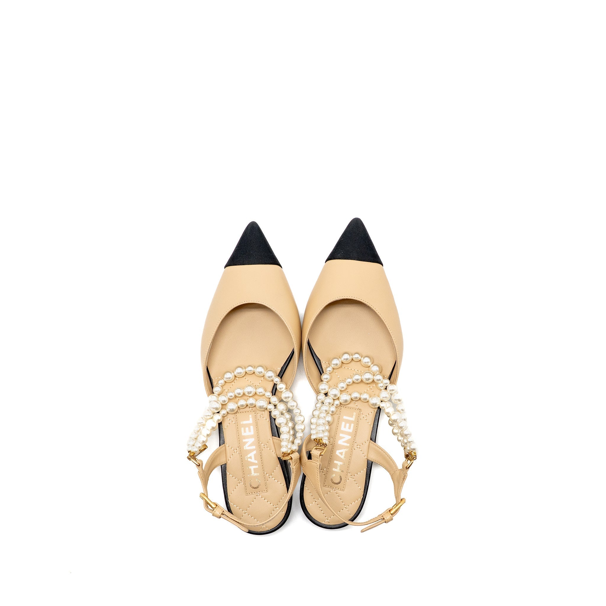 CHANEL SLINGBACK WITH PEARL STRAPS BEIGE/ BLACK