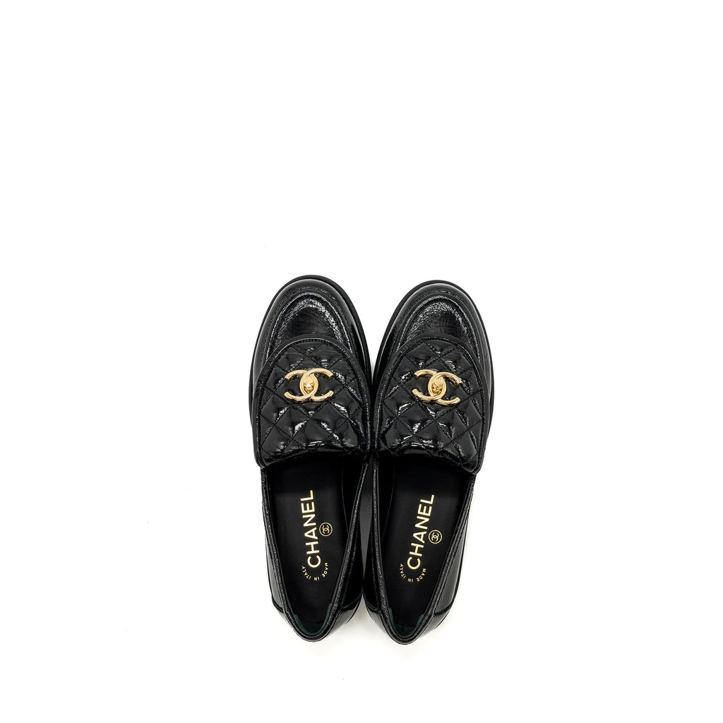 CHANEL QUILTED CC LOGO LOAFER PATENT LAMBSKIN BLACK LGHW