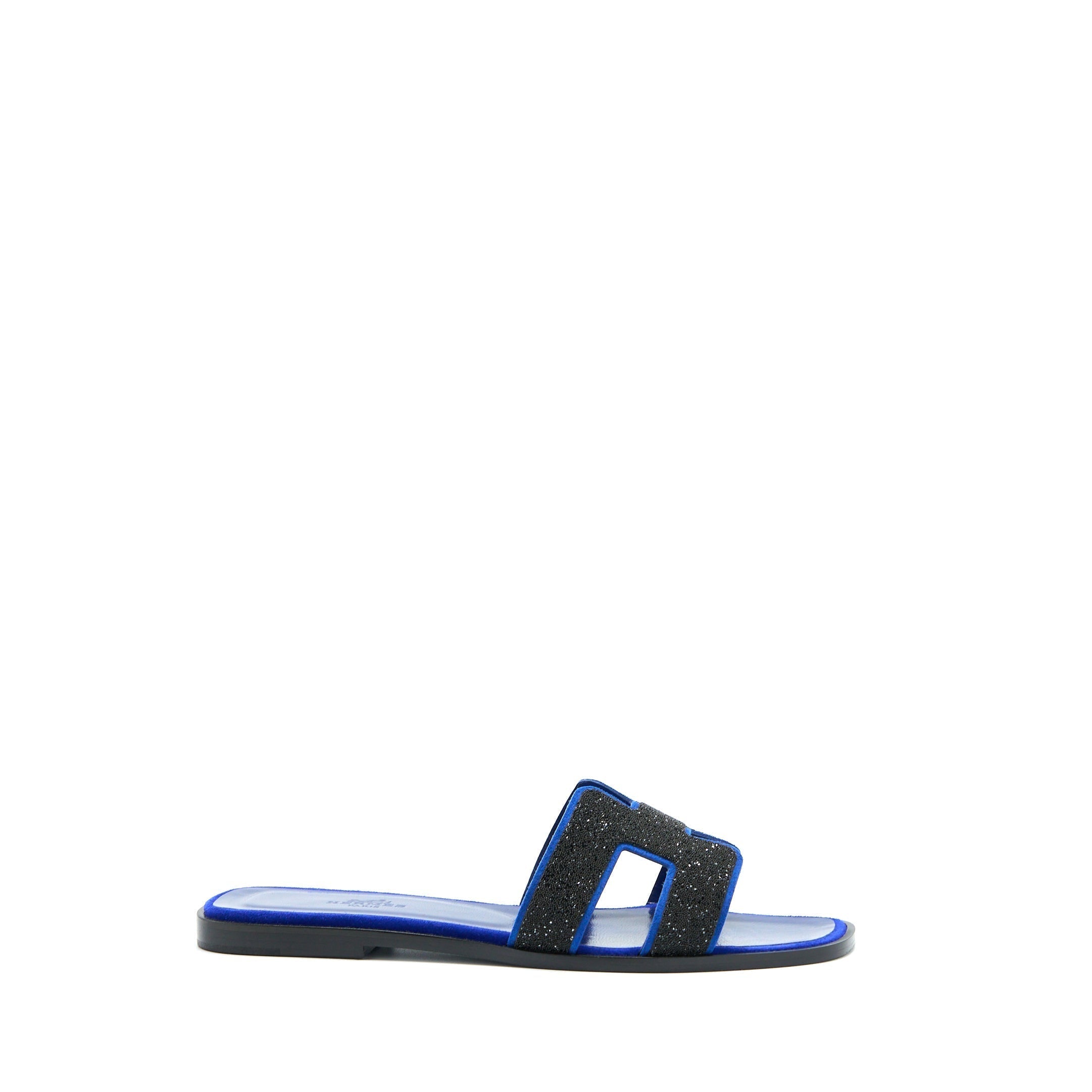 HERMES ORAN SANDAL CRYSTAL/CHEVRE VELOURS BLACK/BLUE SAPHIR