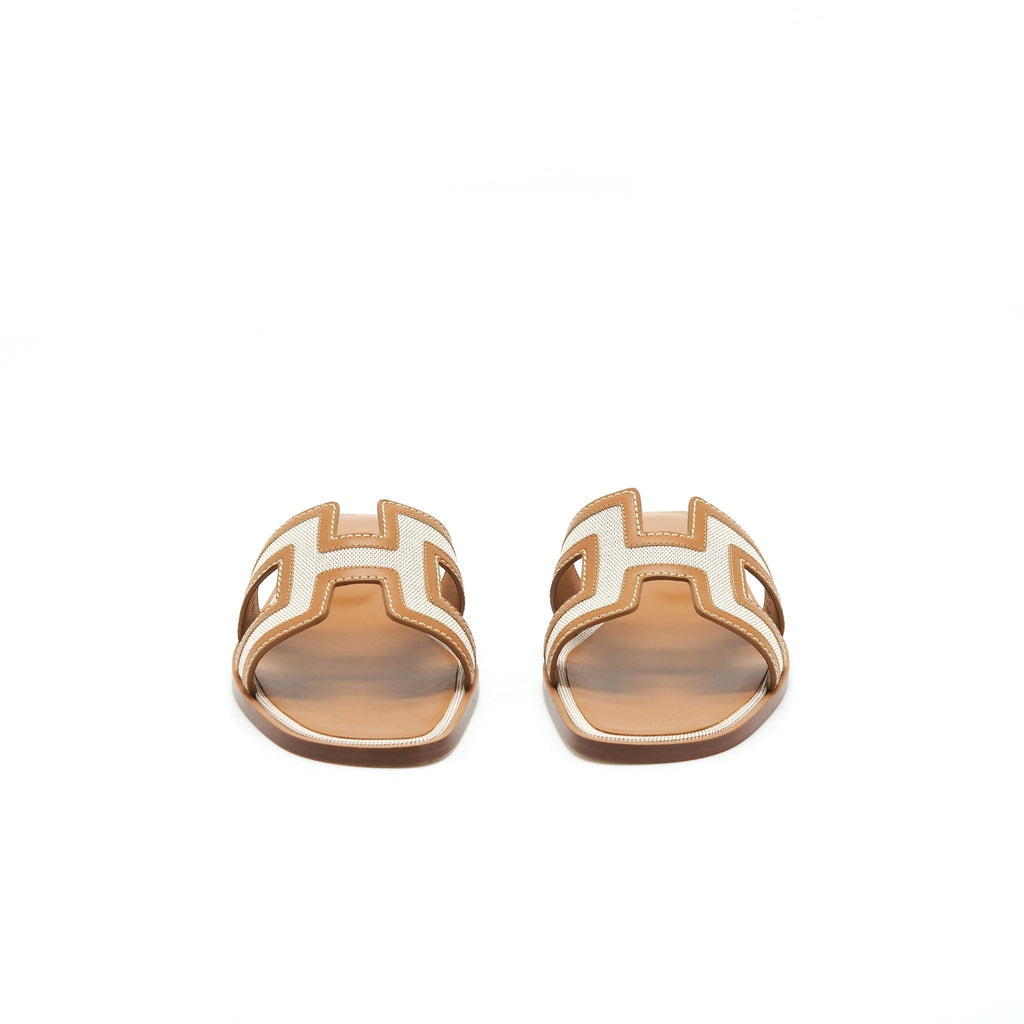 HERMES ORAN SANDALS TOILE H PLUM NOISETTE/BEIGE