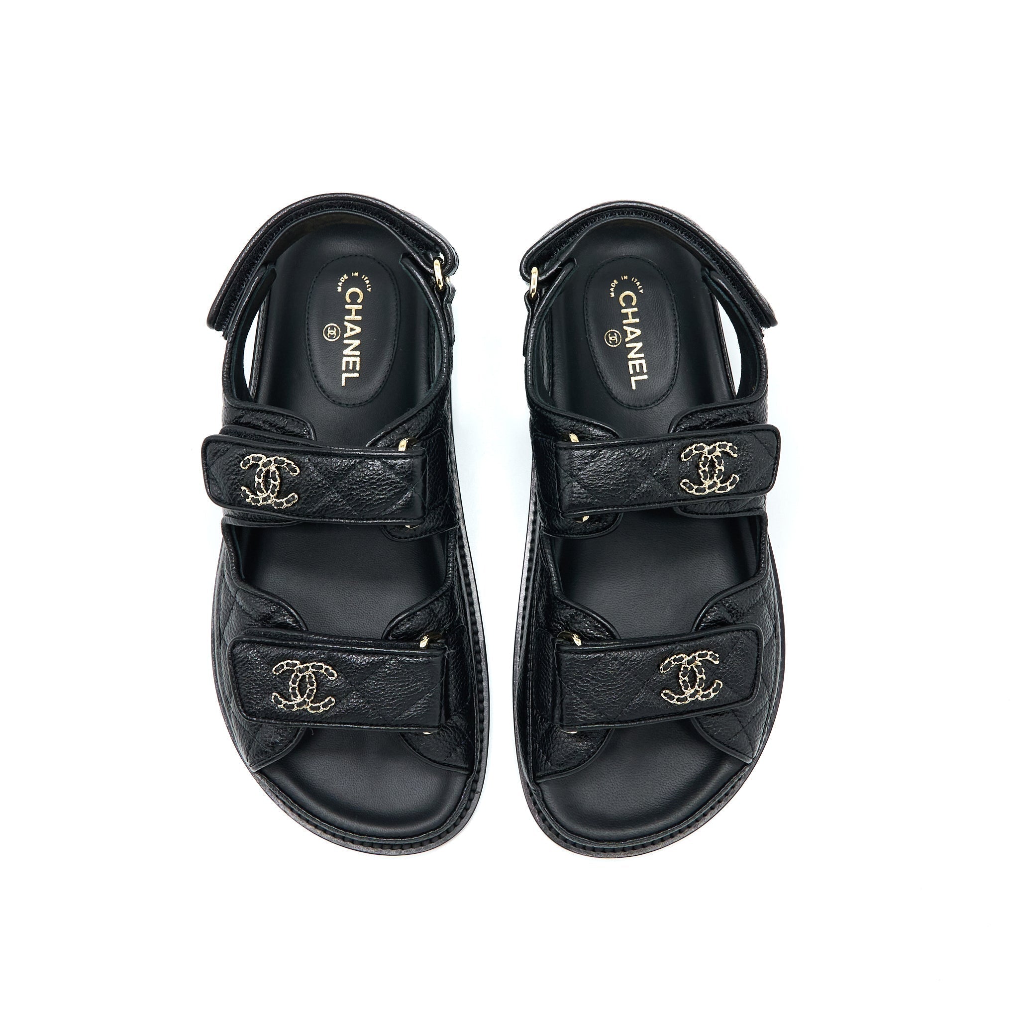 CHANEL DAD SANDALS LEATHER BLACK LIGHT GOLD TONE