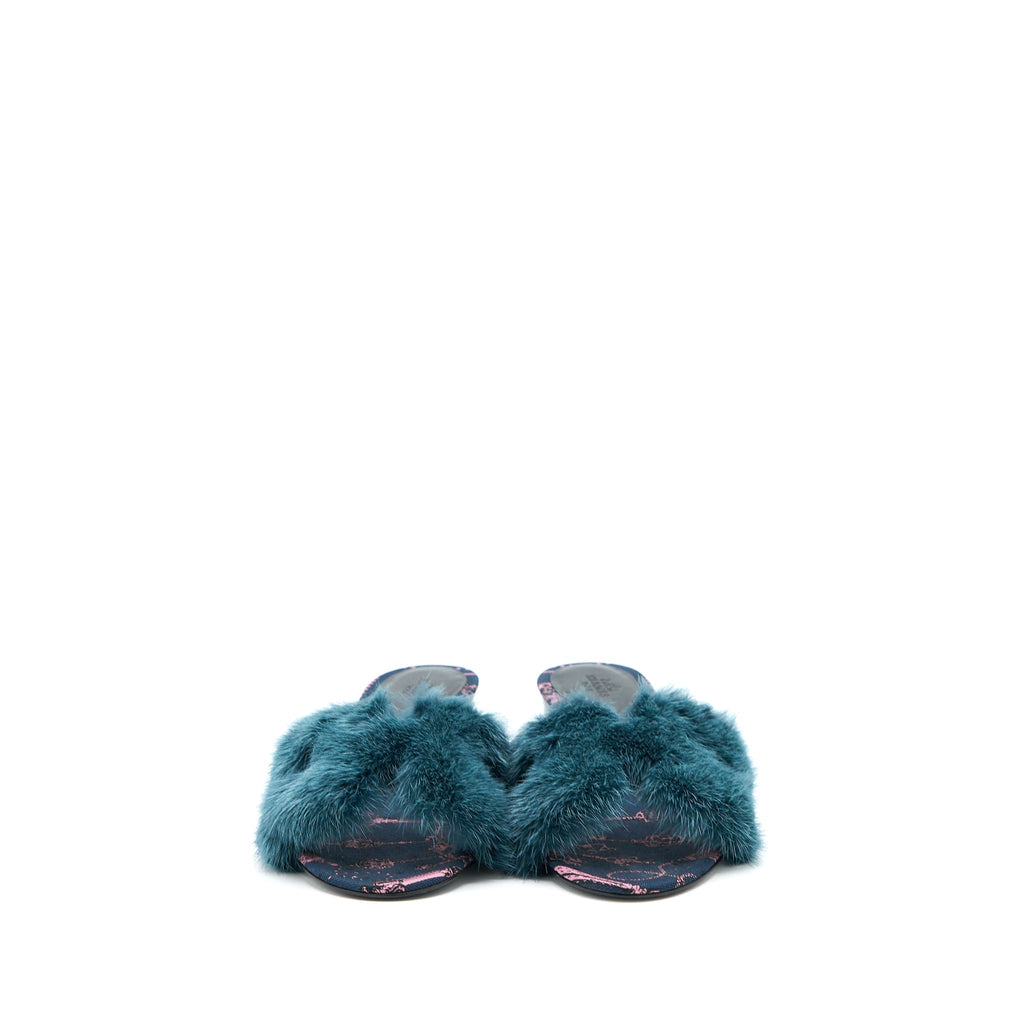 HERMES ORAN MINK FUR SANDAL BLUE PAON/MULTICOLOUR