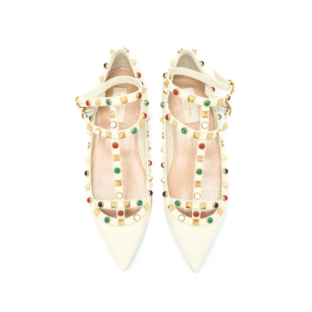 VALENTINO GARAVANI ROCKSTUD BALLET FLAT LAMBSKIN WHITE MULTICOLOUR HARDWARE